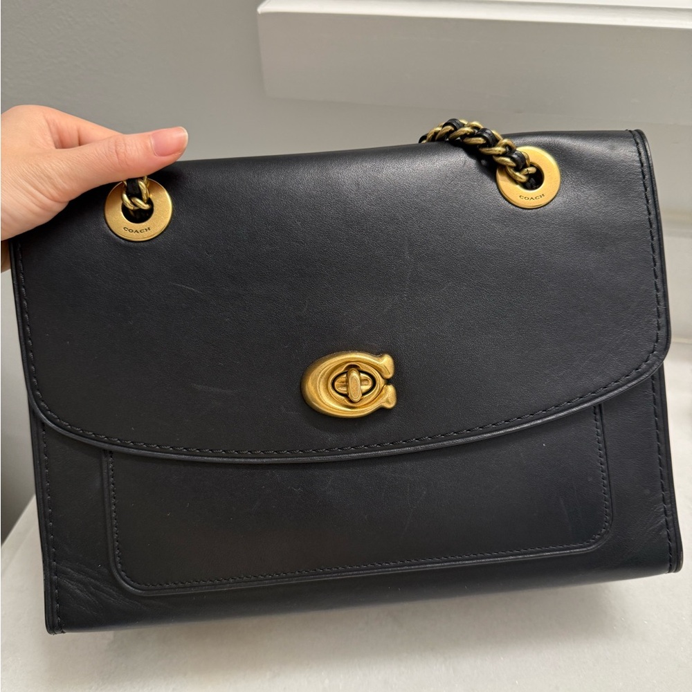 Coach Parker Chain Black Leather Shoulder Bag